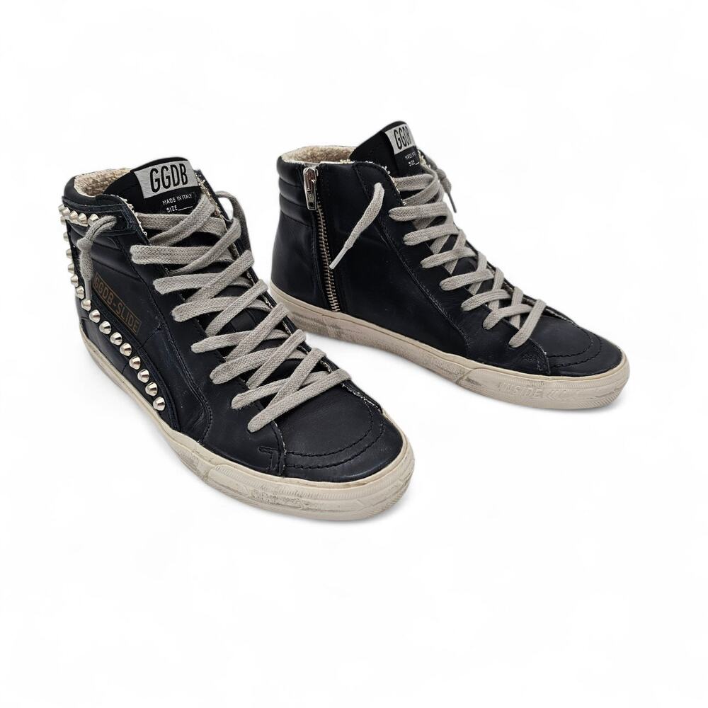 Golden Goose Slide Studded High Top Zip Up Sneaker Black Leather Size 37 US 7 - Picture 3 of 11